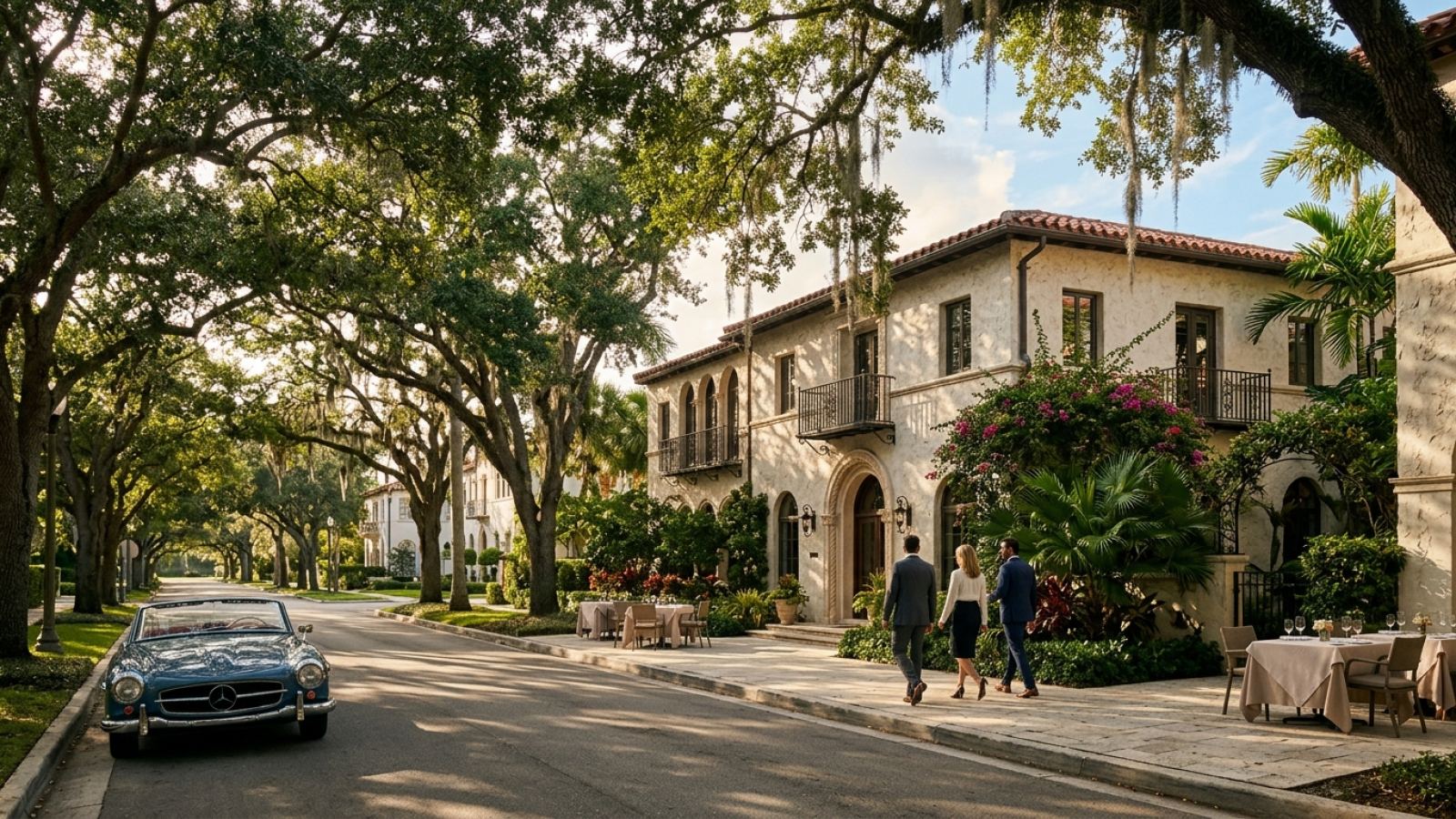Wide shot of Coral Gables financial district, showing office towers amidst lush greenery and Mediterranean Revival architecture under a clear sky.