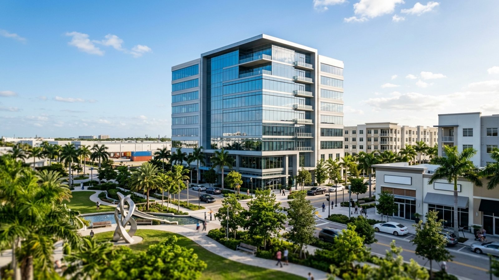 View of Doral's modern corporate office buildings and a bustling commercial street, with a mix of palm trees and contemporary architecture under a clear sky.