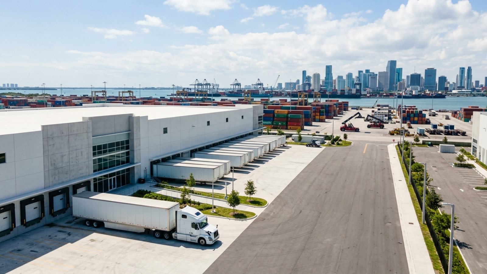 Aerial view of busy PortMiami cargo terminal with container ships and cranes, flanked by extensive industrial warehouse parks and logistics facilities.